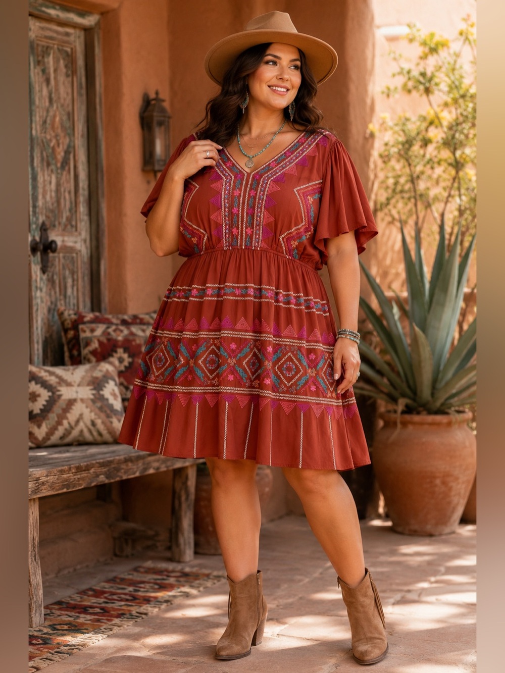 Savanna Jane Embroidered Boho Peasant Dress 3X Rust Rayon Festival Southwestern